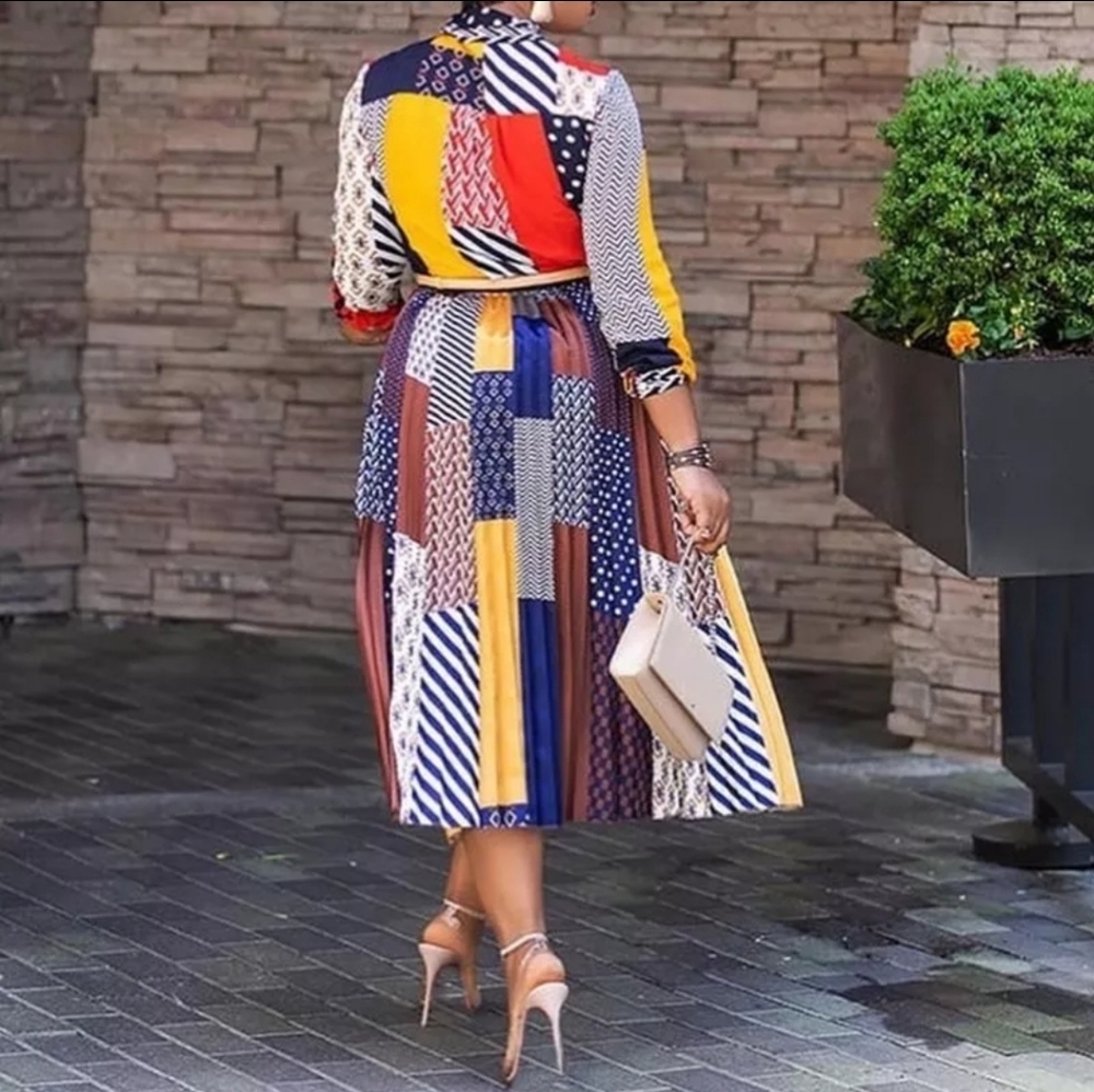 Ladies Midi Dress Wear Print A-Line Color Block Casual 2022